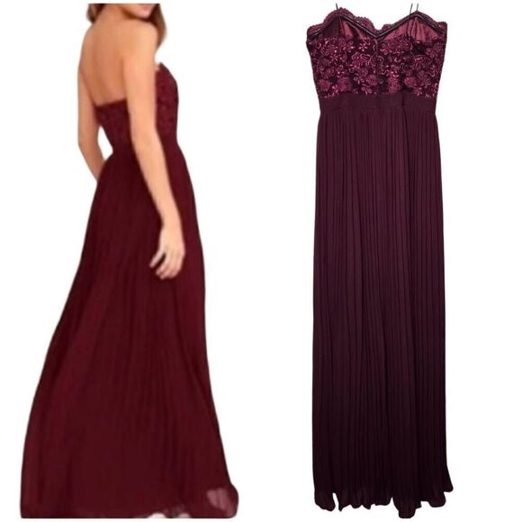 Lulu's Embroidered Bustier Pleated Skirt Burgundy Red Strapless Maxi Dress Small - Picture 2 of 7
